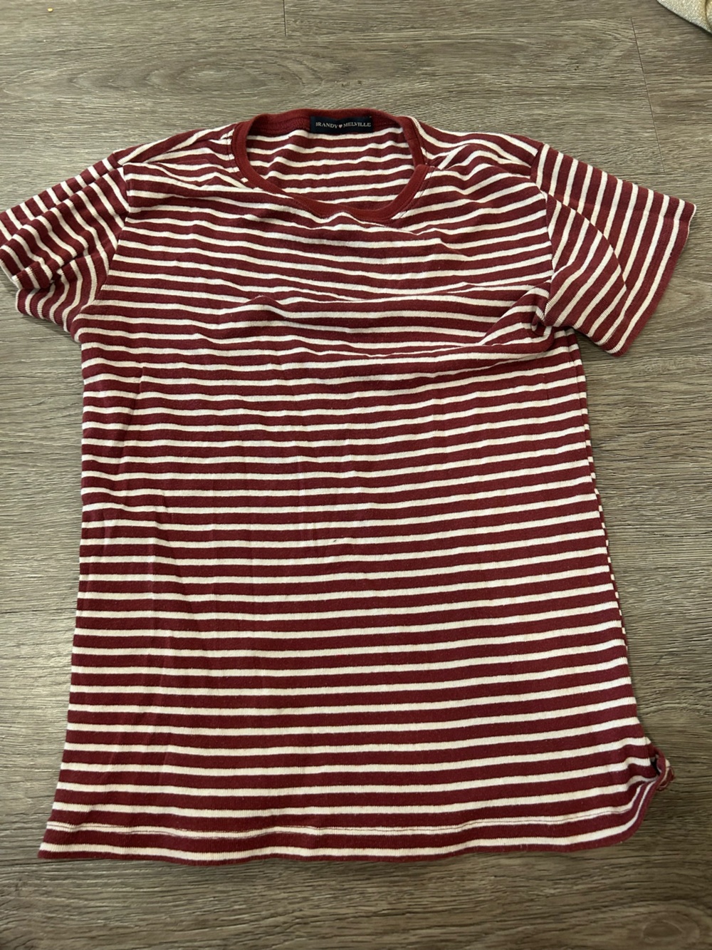 Brandy Melville Striped Crew Neck T-Shirt — maroon& White
